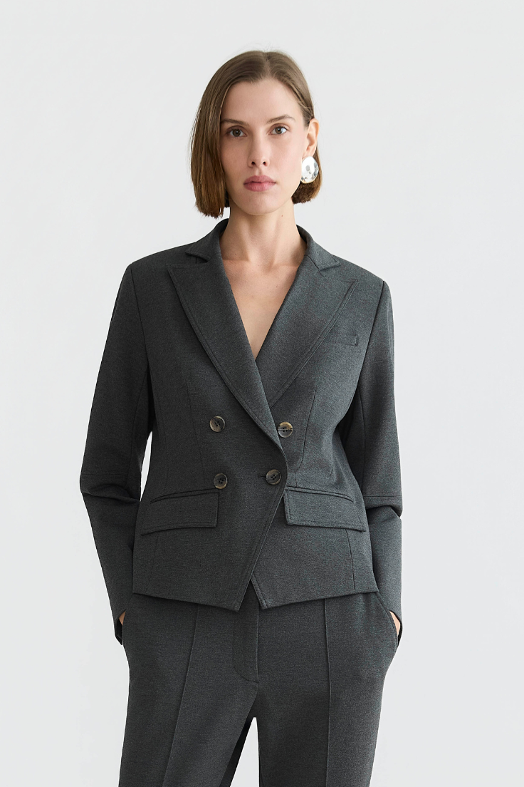 Adroit Atelier Carlisle Double Breasted Stretch Signature Blazer in Anthracite available at Barbara Katz