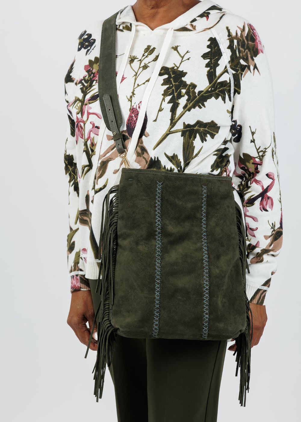 Carlos Falchi Fringe Messenger Bag - Olive Suede available at Barbara Katz