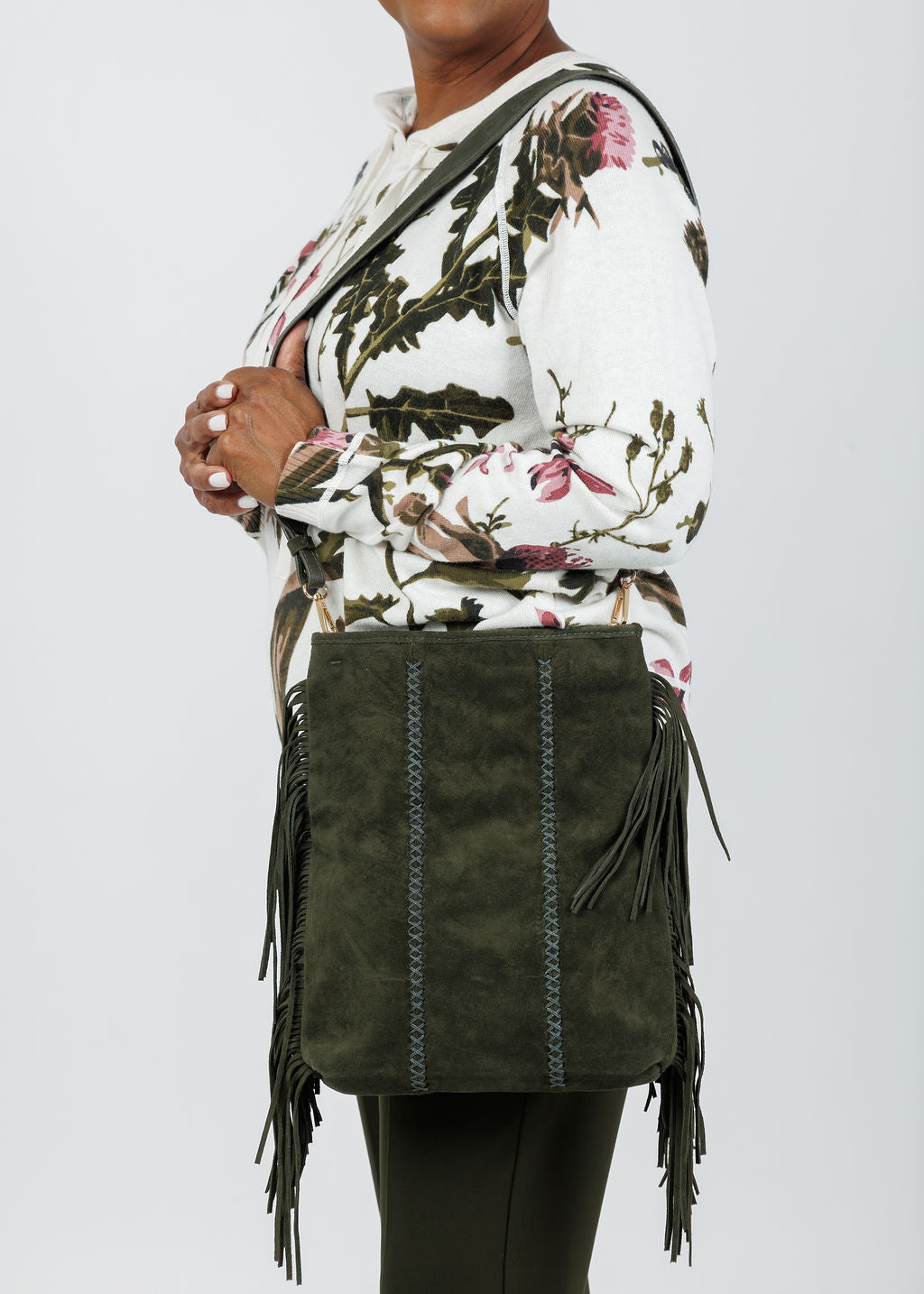 Carlos Falchi Fringe Messenger Bag - Olive Suede available at Barbara Katz
