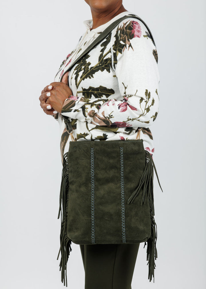 Carlos Falchi Fringe Messenger Bag - Olive Suede available at Barbara Katz
