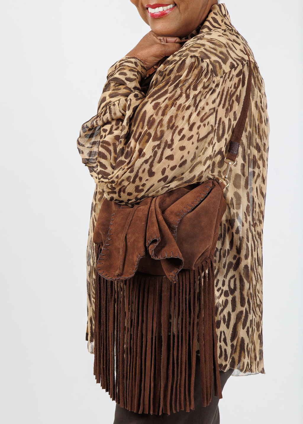 Carlos Falchi Medium Fringed Butterfly Bag in Brown Suede available at Barbara Katz