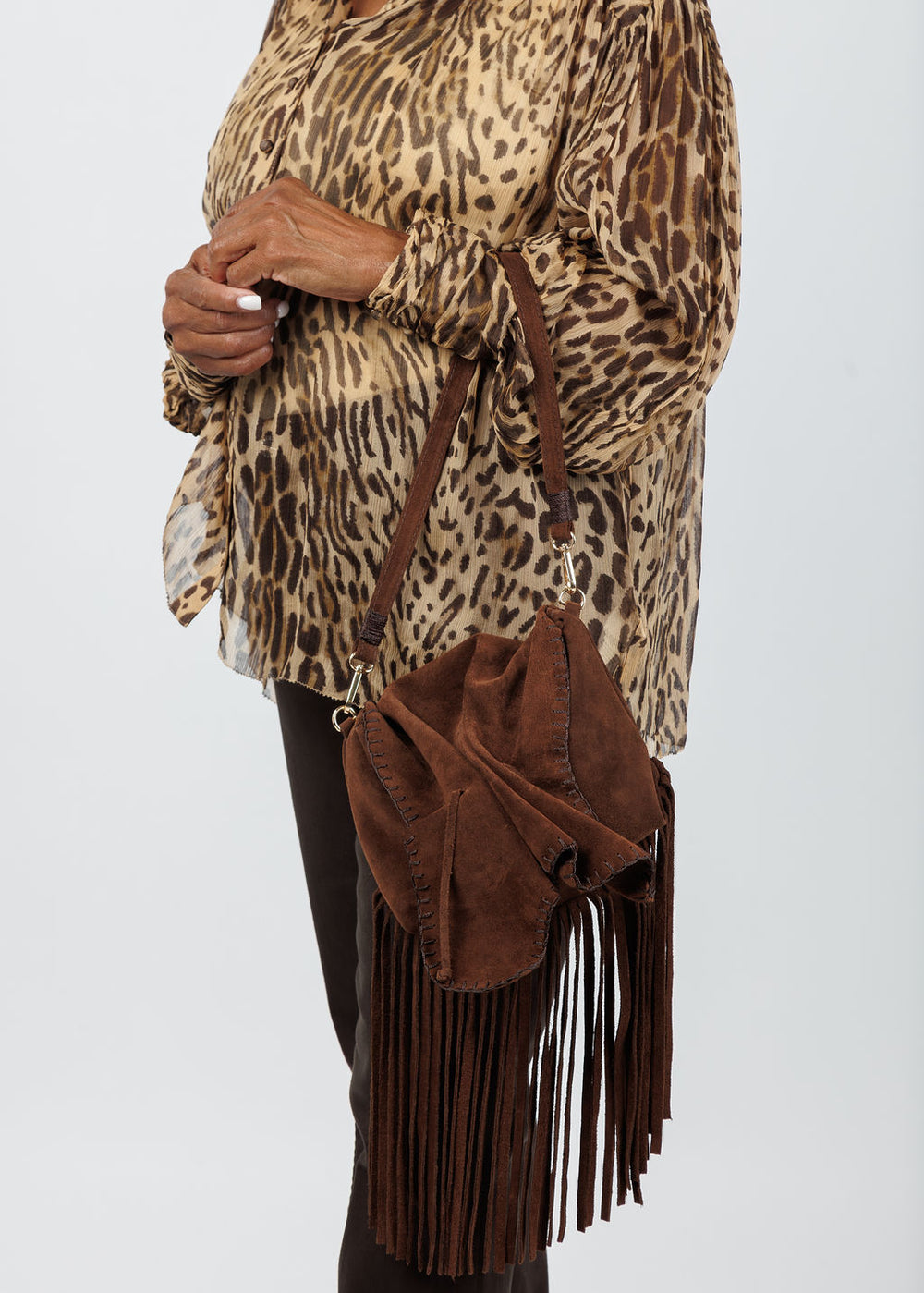 Carlos Falchi Medium Fringed Butterfly Bag - Brown Suede available at Barbara Katz