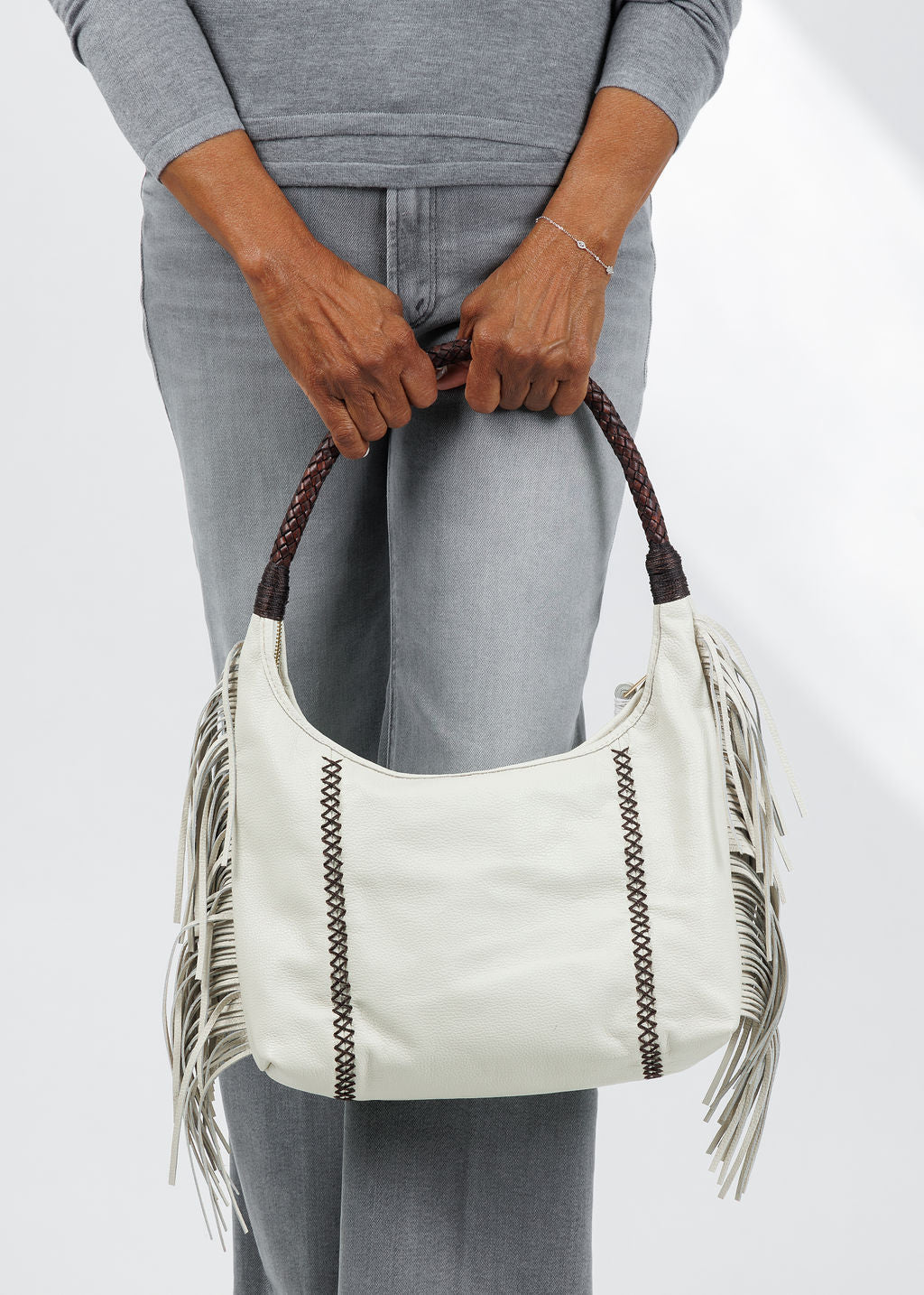 Carlos Falchi Fringe Hobo Bag in Winter White available at Barbara Katz