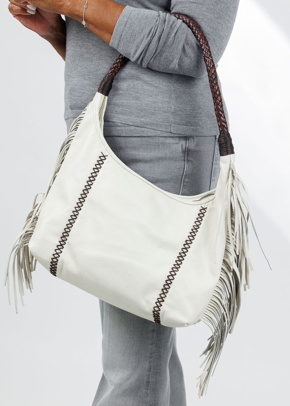 Carlos Falchi Fringe Hobo Bag in Winter White available at Barbara Katz