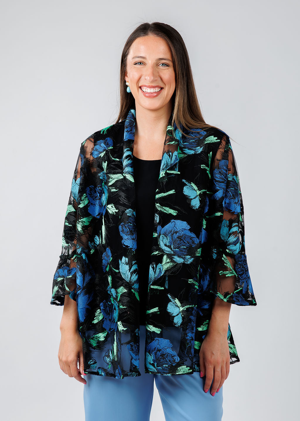 Caroline Rose Bella Embroidered Cardigan in Blue available at Barbara Katz