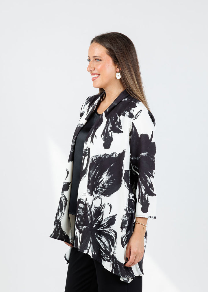 Caroline Rose Brushstroke Print Crepe Jacket in Ivory/Black available at Barbara Katz