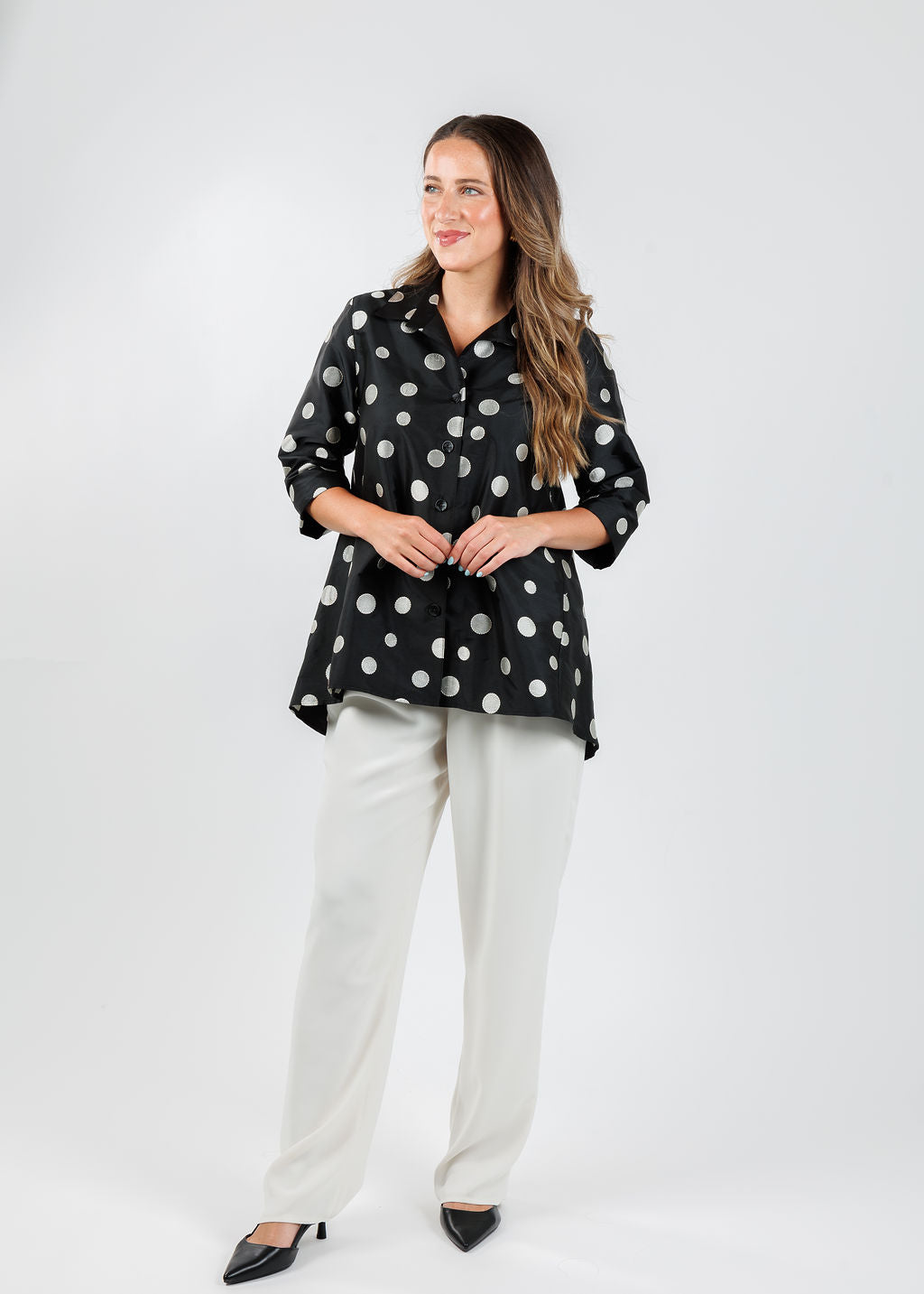 Caroline Rose Flutter Shirt in Ivory/Black available at Barbara Katz