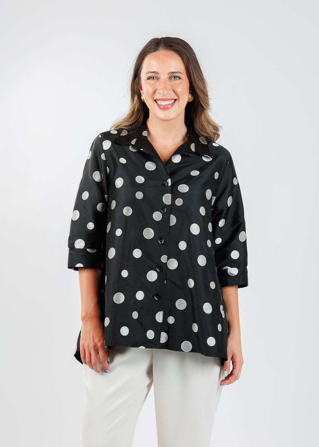 Caroline Rose Flutter Shirt in Ivory/Black available at Barbara Katz