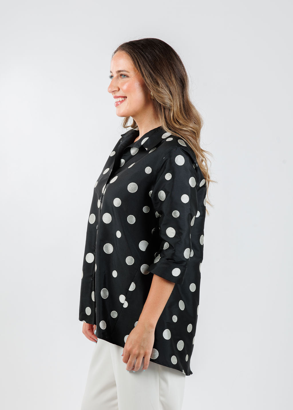 Caroline Rose Flutter Shirt in Ivory/Black available at Barbara Katz