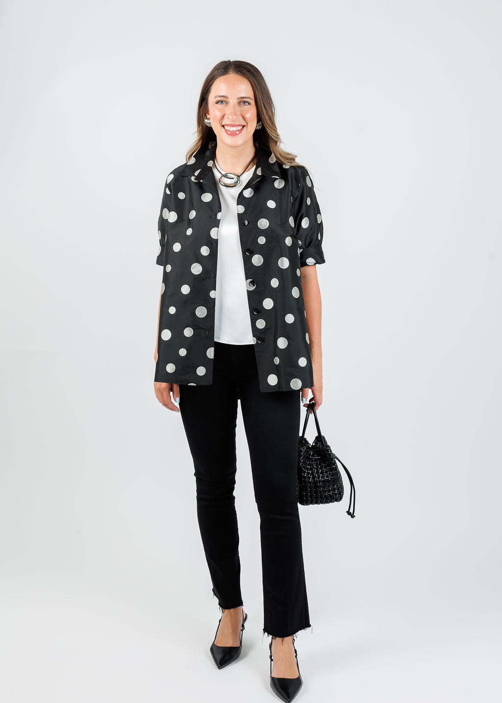 Caroline Rose Flutter Shirt in Ivory/Black available at Barbara Katz