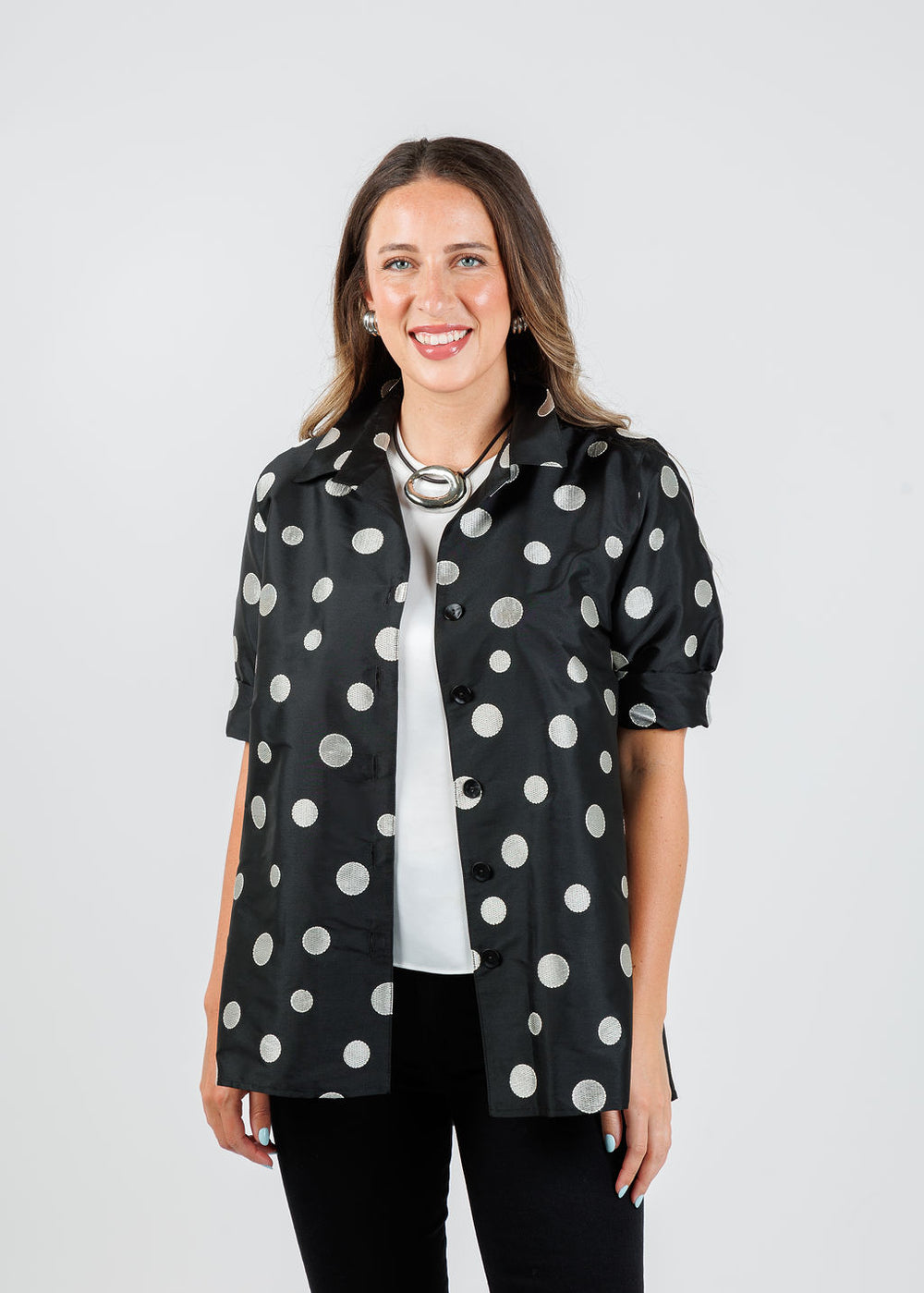 Caroline Rose Flutter Shirt in Ivory/Black available at Barbara Katz