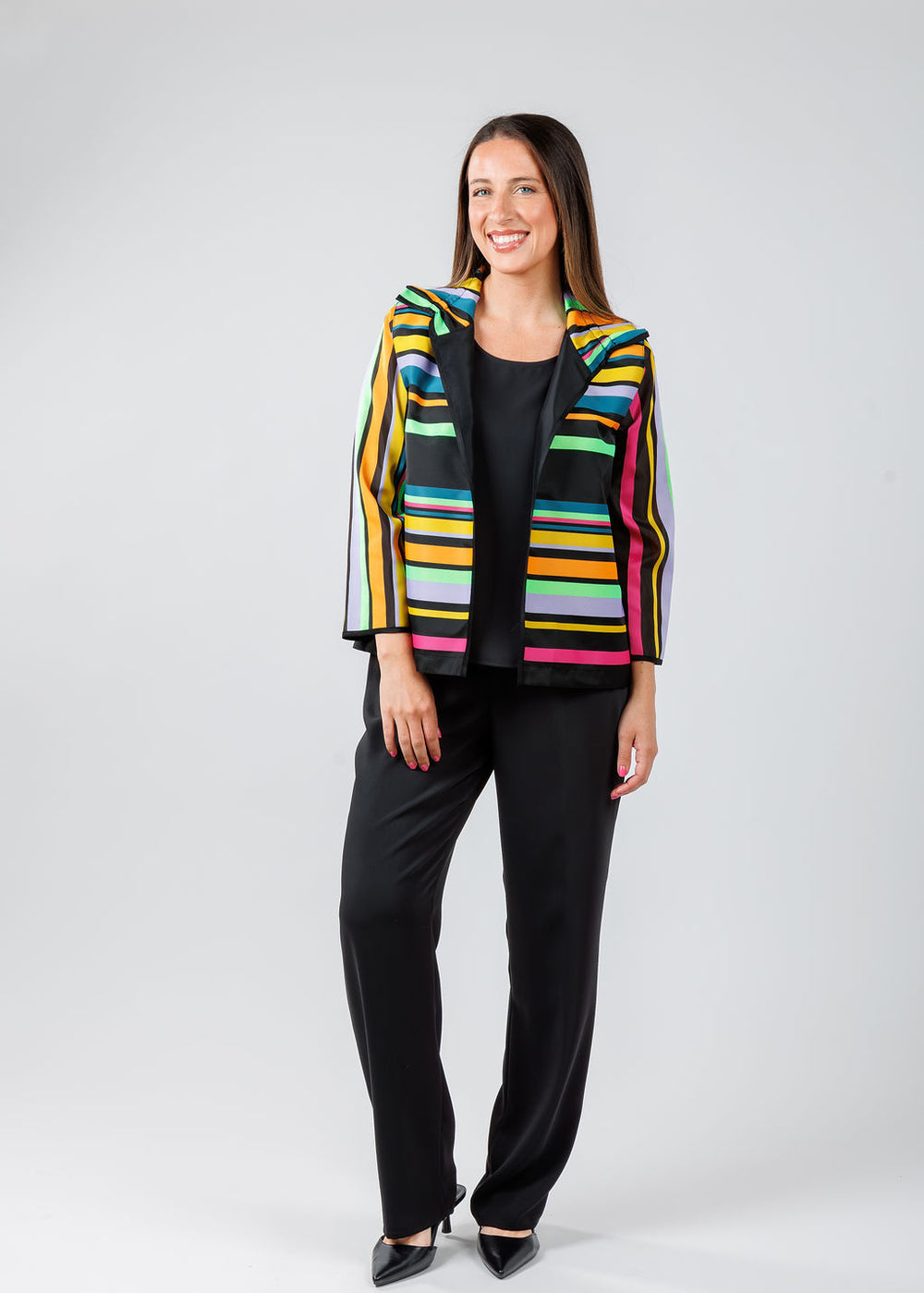 Caroline Rose Naomi Ruched Collar Jacket in Black with Black Matte Crepe Tank Top underneath, paired with Caroline Rose Matte Crepe Straight Leg Pants in Black available at Barbara Katz