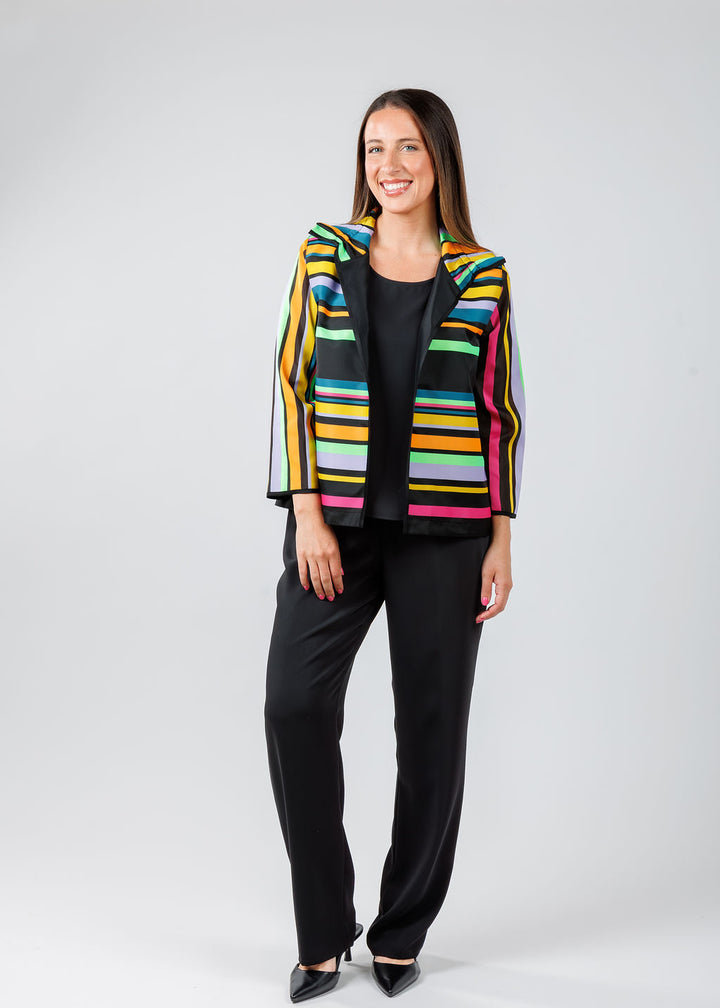 Caroline Rose Naomi Ruched Collar Jacket in Black with Black Matte Crepe Tank Top underneath, paired with Caroline Rose Matte Crepe Straight Leg Pants in Black available at Barbara Katz