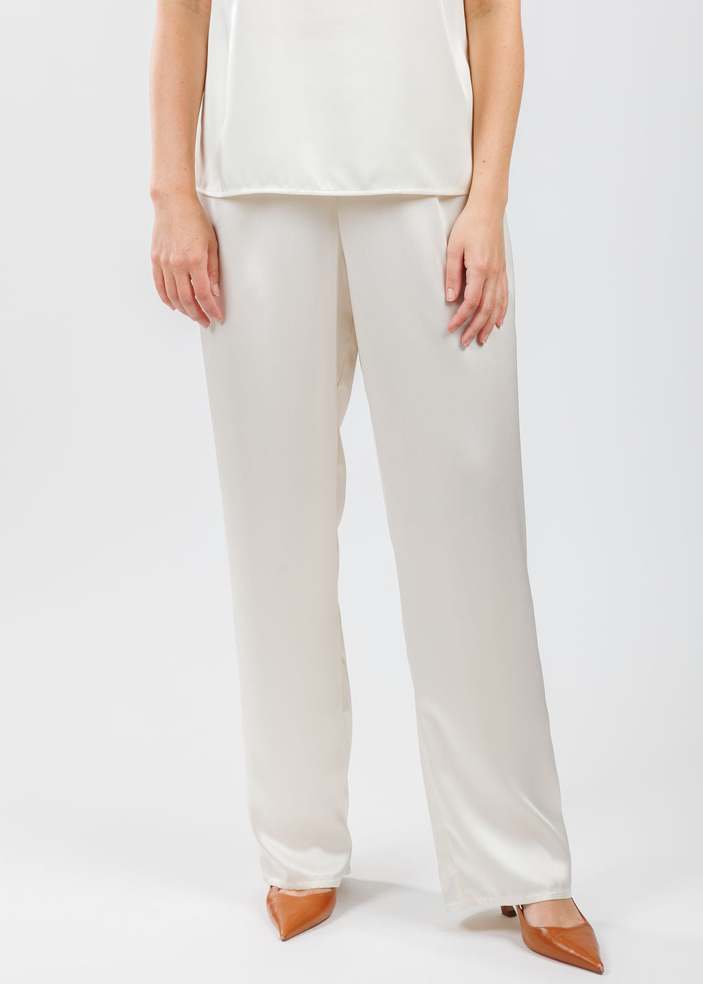Caroline Rose Soft Satin Straight Pants in Ivory available at Barbara Katz