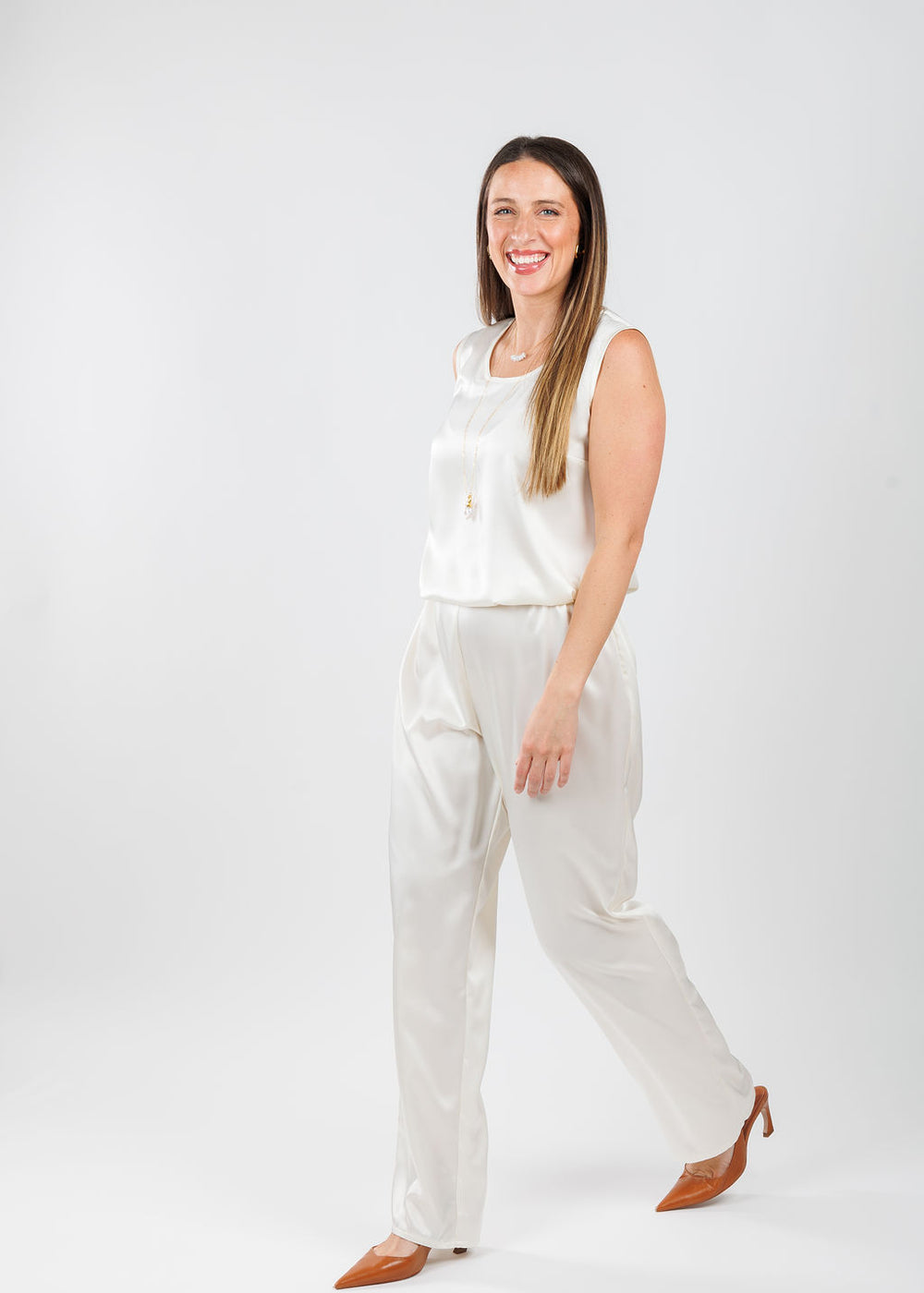 Caroline Rose Soft Satin Tank in Ivory paired with matching Caroline Rose Soft Satin Pants in Ivory available at Barbara Katz
