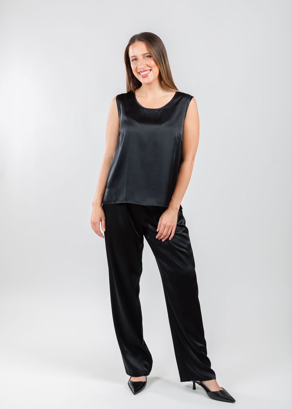 Caroline Rose Soft Satin Tank in Black paired with matching Caroline Rose Soft Satin Black in Ivory available at Barbara Katz