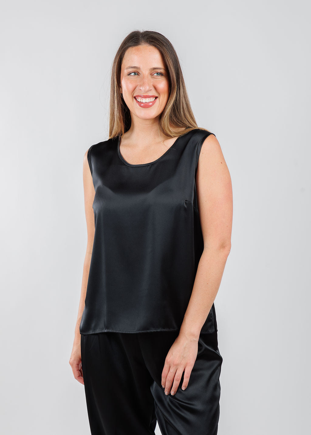 Caroline Rose Soft Satin Tank in Black available at Barbara Katz