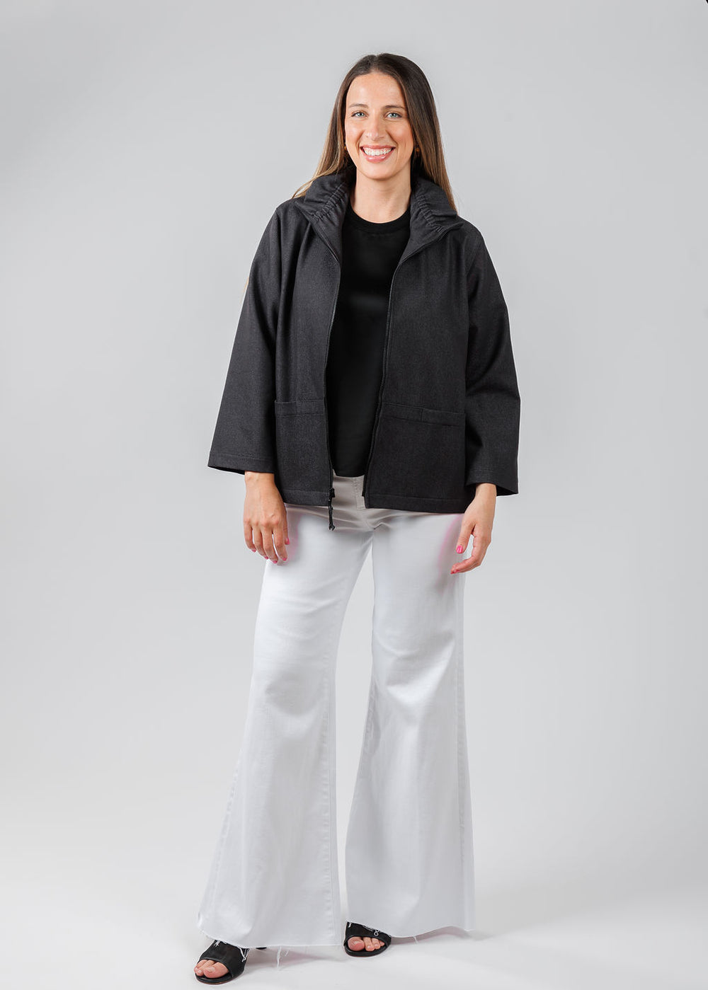 Caroline Rose Stretch Denim Jacket in Black paired with Pistola Izzy Wide Leg Crop Jeans in Vivid White available at Barbara Katz