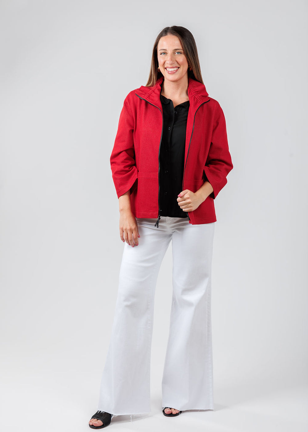 Caroline Rose Stretch Denim Jacket in Red paired with Pistola Izzy Wide Leg Crop Jeans in Vivid White available at Barbara Katz