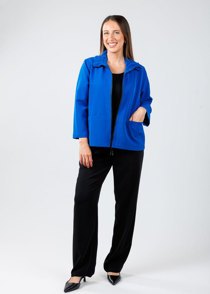 Caroline Rose Comfort Stretch Jacket in Royal Blue paired with Caroline Rose Matte Crepe Straight Leg Pants in Black available at Barbara Katz