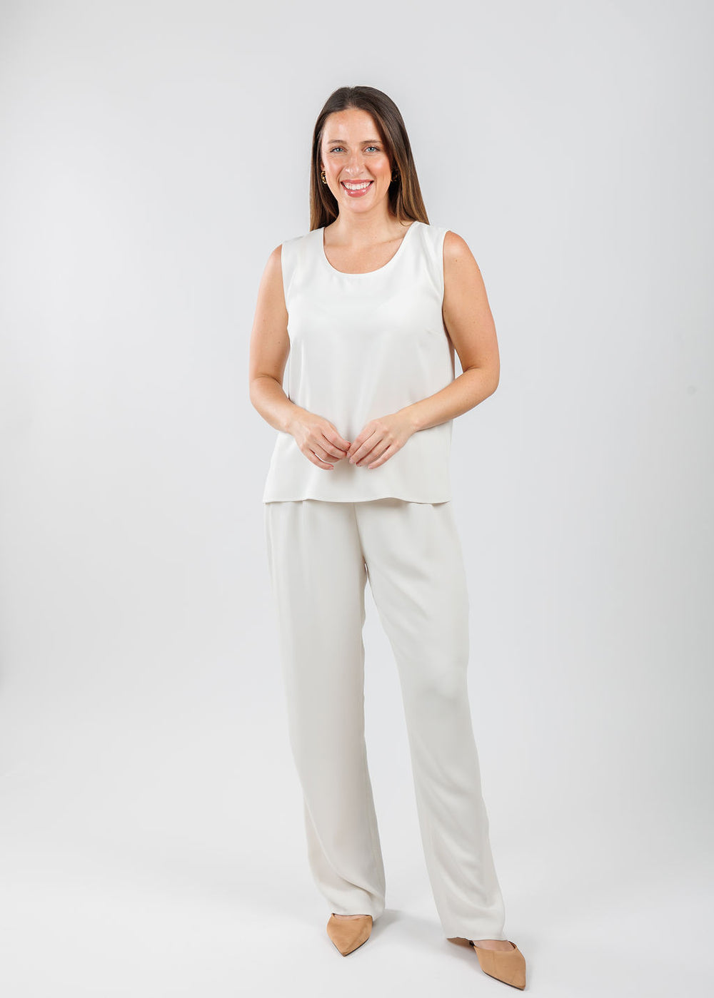 Caroline Rose Matte Crepe Suzette Basic Tank in Ivory paired with matching Caroline Rose Matte Crepe Pants available at Barbara Katz