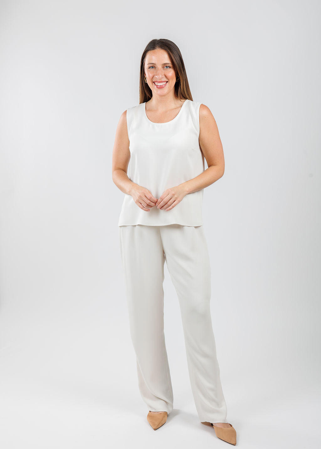 Caroline Rose Matte Crepe Suzette Basic Tank in Ivory paired with matching Caroline Rose Matte Crepe Pants available at Barbara Katz