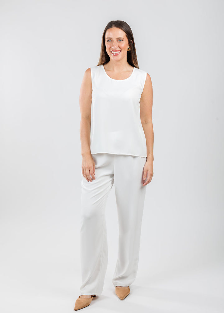 Caroline Rose Matte Crepe Suzette Basic Tank in White paired with matching Caroline Rose Matte Crepe Pants available at Barbara Katz