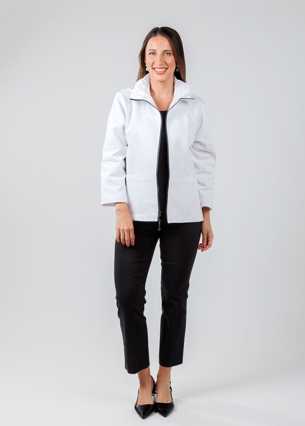 Caroline Rose Stretch Denim Jacket in White paired with Elliott Lauren Baby Boot Pant With Patch Pocket in Black available at Barbara Katz