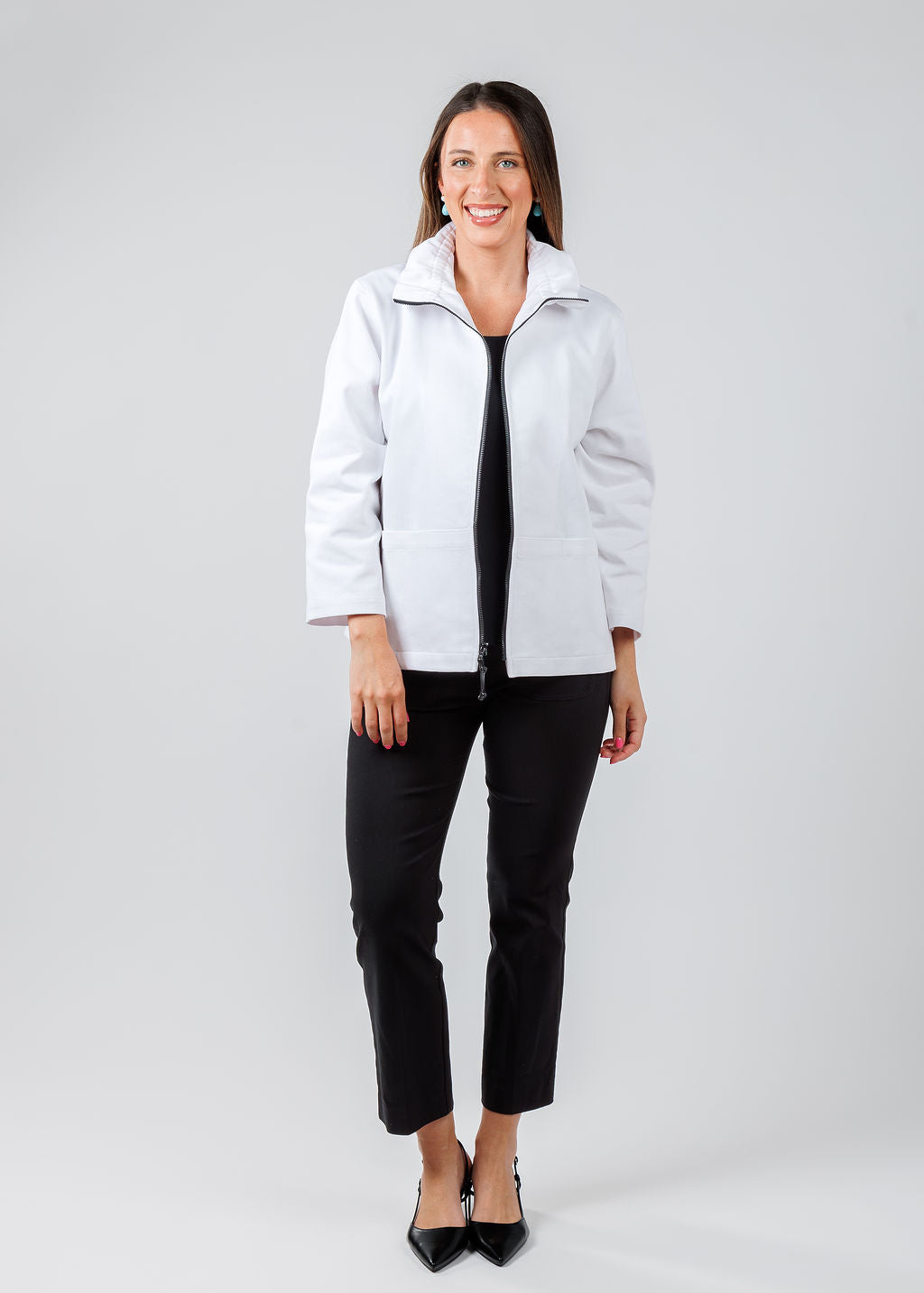 Caroline Rose Stretch Denim Jacket in White paired with Elliott Lauren Baby Boot Pant With Patch Pocket in Black available at Barbara Katz