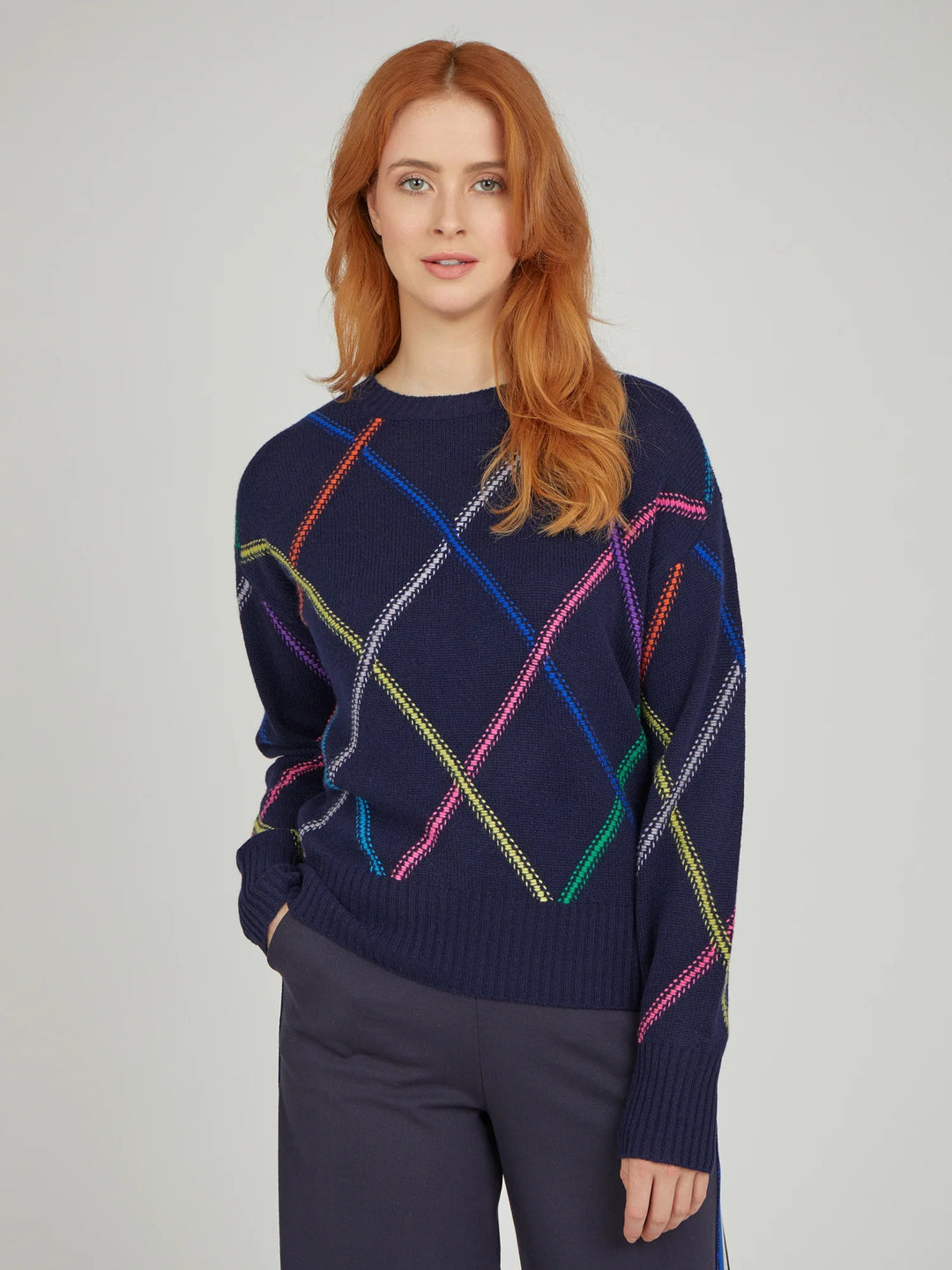 Cocoa Cashmere - The Plaid Crew Navy Multi is woven from luxurious cashmere, this plaid crew is a timeless essential with a modern twist.