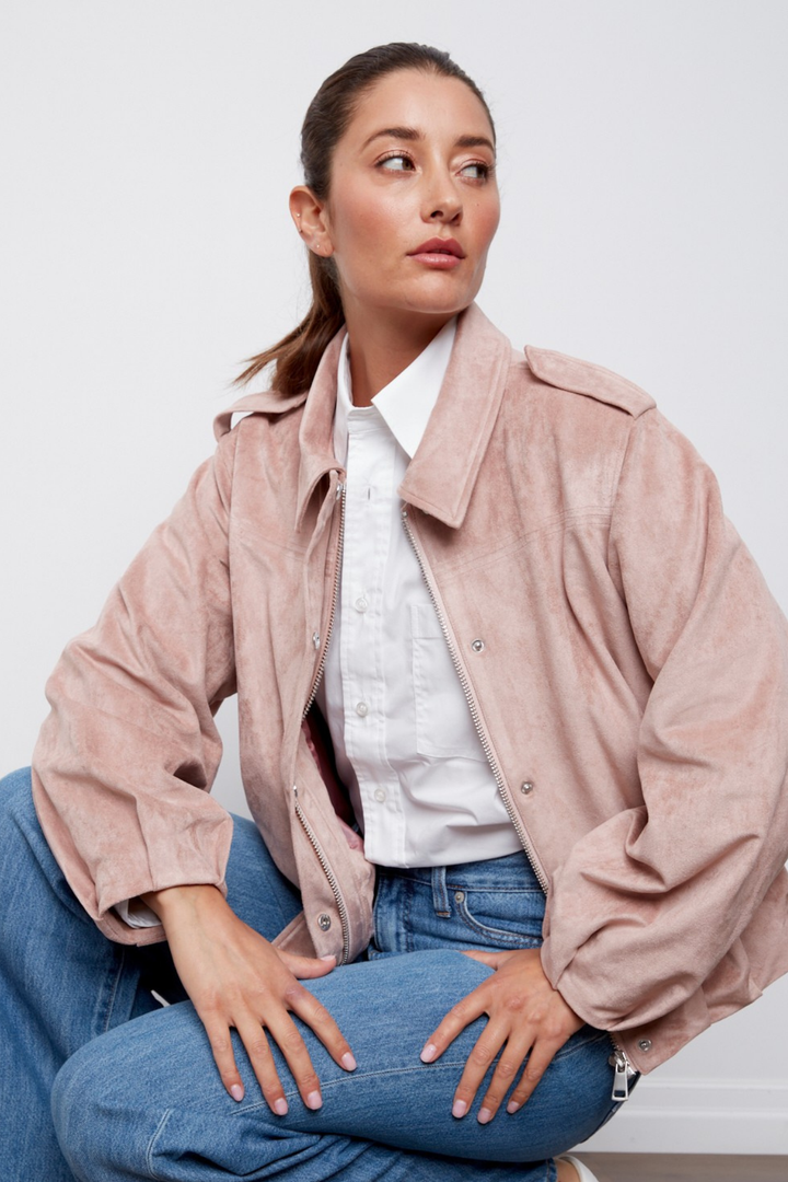 Adroit Atelier Cassidy Faux Suede Jacket in Dusty Pink available at Barbara Katz