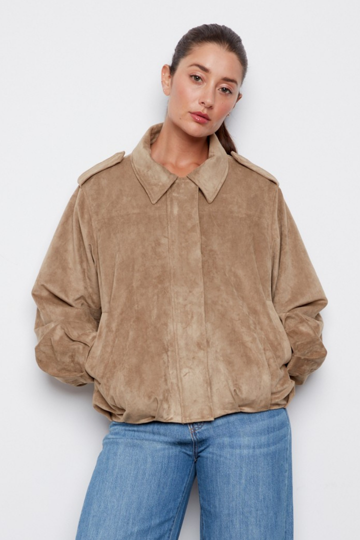 Adroit Atelier Cassidy Faux Suede Jacket in Moss available at Barbara Katz