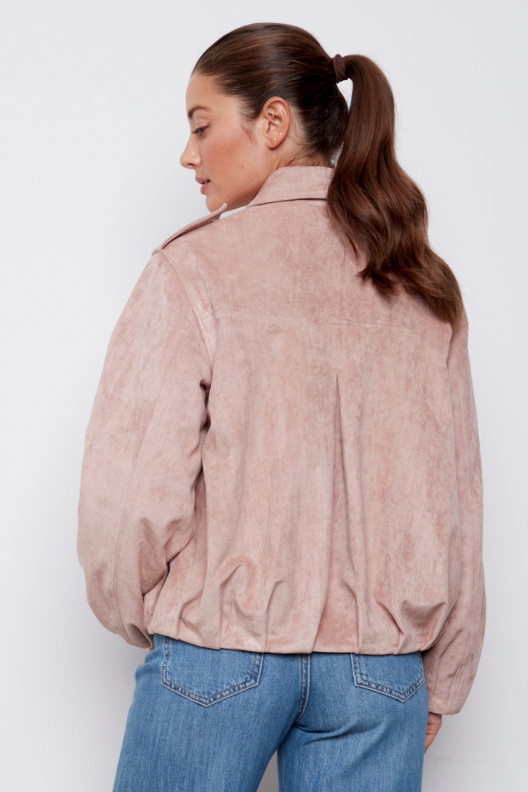 Adroit Atelier Cassidy Faux Suede Jacket in Dusty Pink available at Barbara Katz