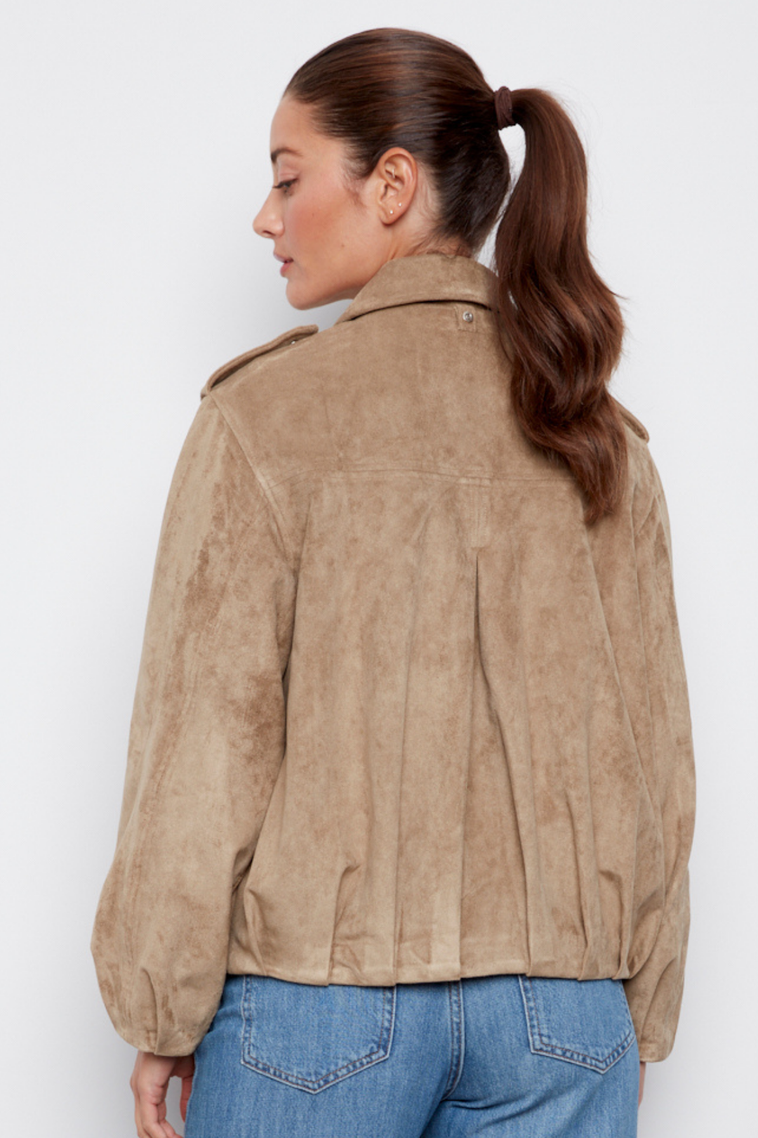 Adroit Atelier Cassidy Faux Suede Jacket in Moss available at Barbara Katz