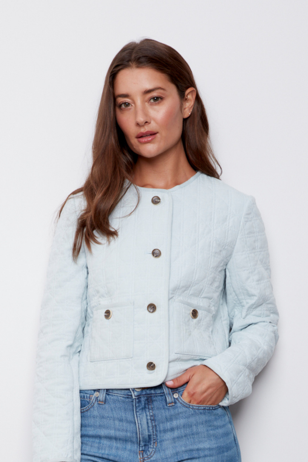 Adroit Atelier Caya Quilted Collarless Button Front Jacket in Surf Spray available at Barbara Katz