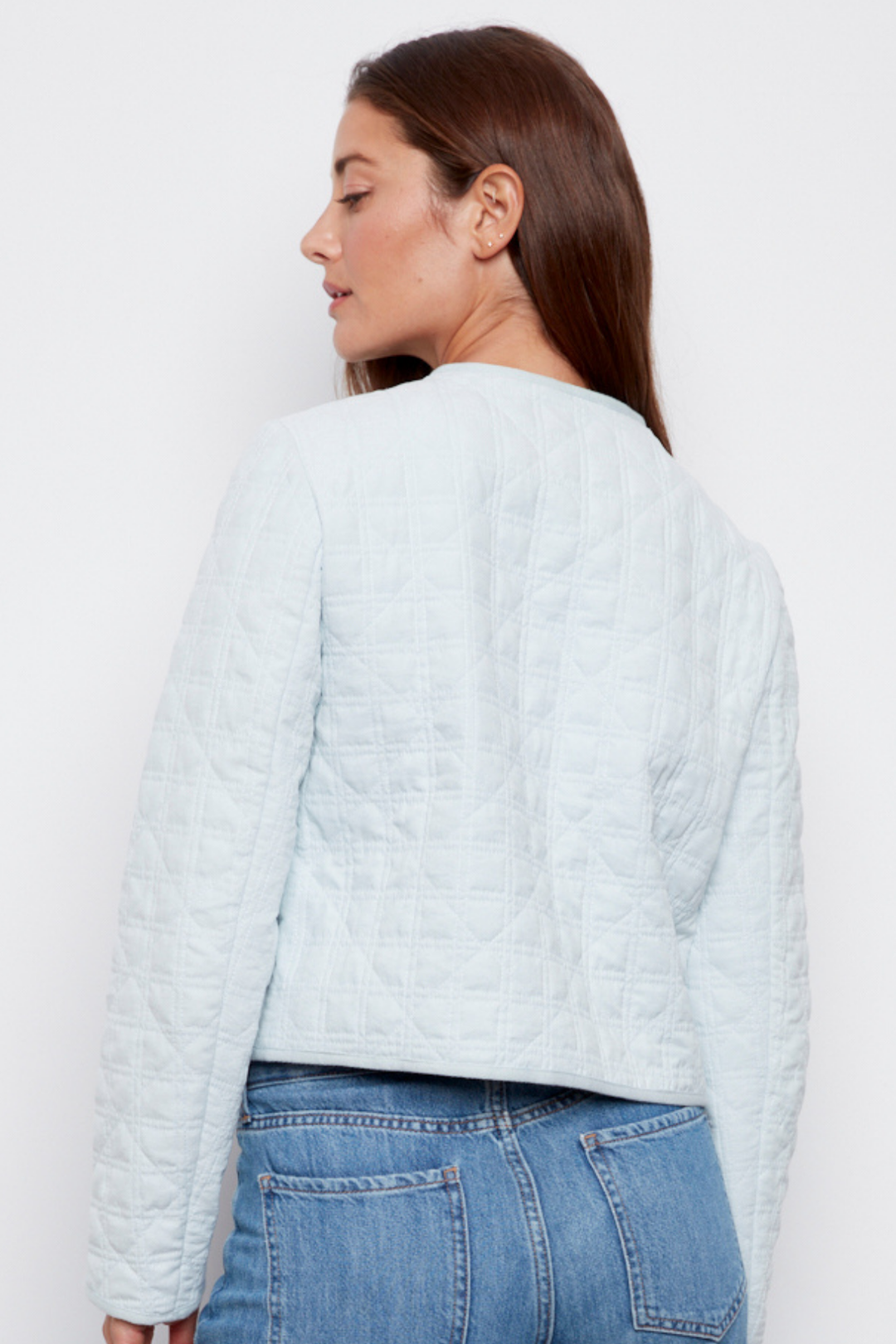 Adroit Atelier Caya Quilted Collarless Button Front Jacket in Surf Spray available at Barbara Katz