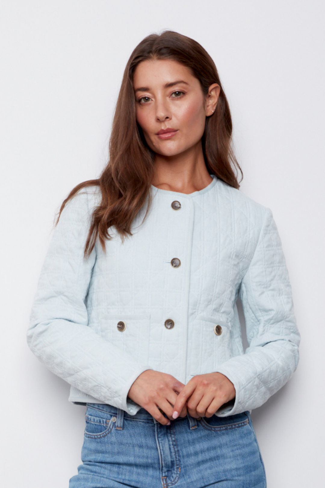 Adroit Atelier Caya Quilted Collarless Button Front Jacket in Surf Spray available at Barbara Katz