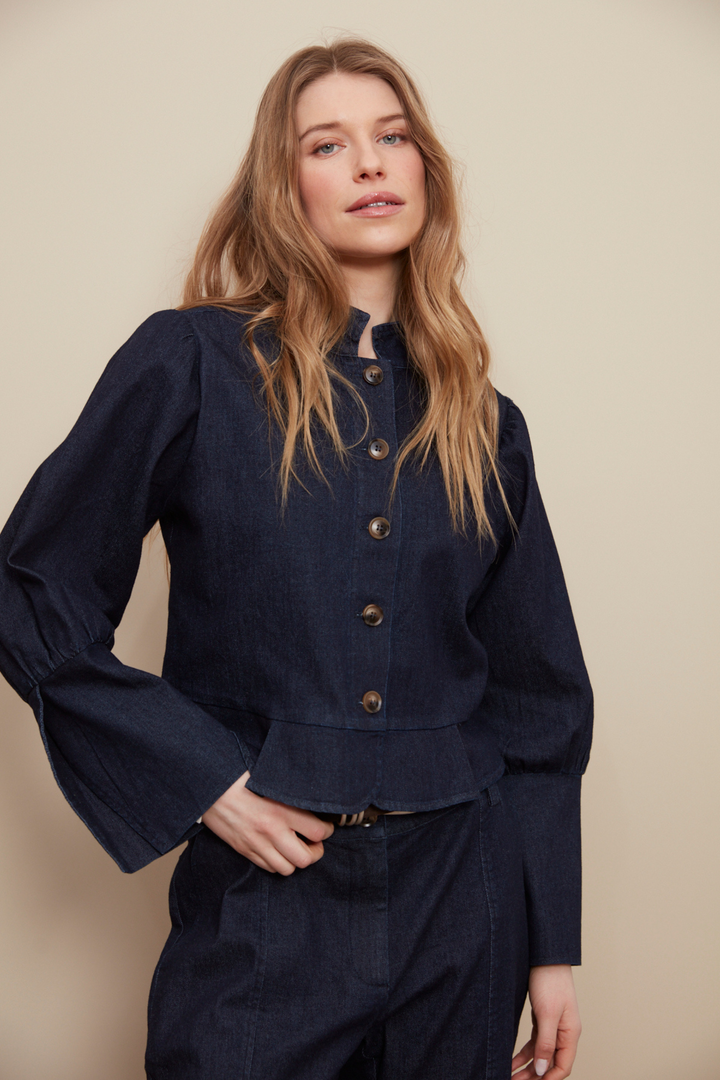 Adroit Atelier Celia Button-Front Short Denim Jacket in Dark Denim available at Barbara Katz