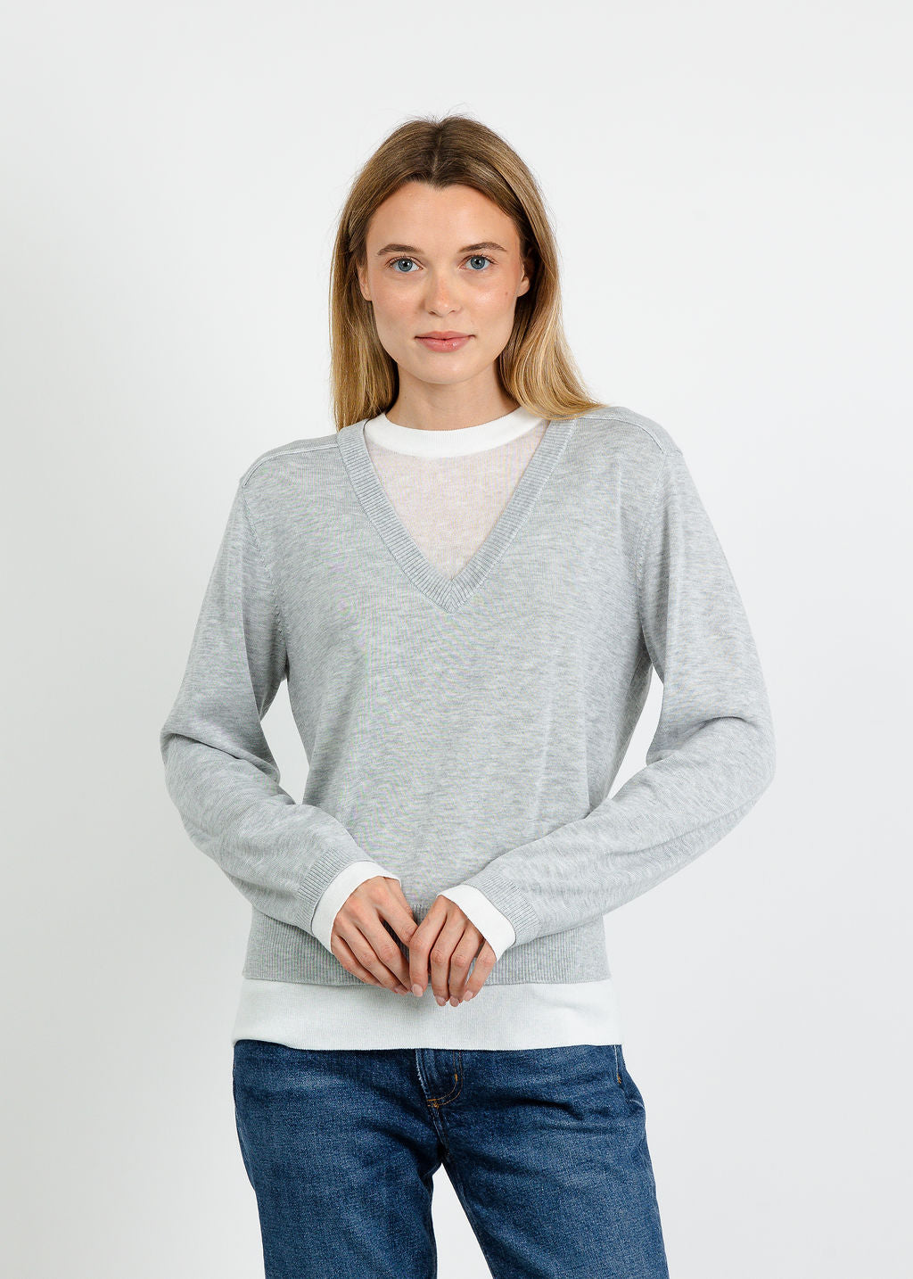 Central Park West Coen Layered V-Neck Sweater in Heather Grey available at Barbara Katz