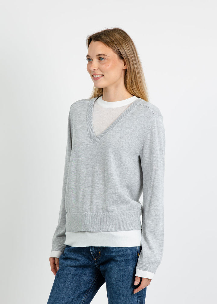 Central Park West Coen Layered V-Neck Sweater in Heather Grey available at Barbara Katz