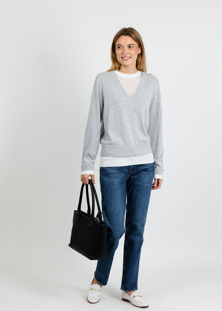 Central Park West Coen Layered V-Neck Sweater in Heather Grey available at Barbara Katz