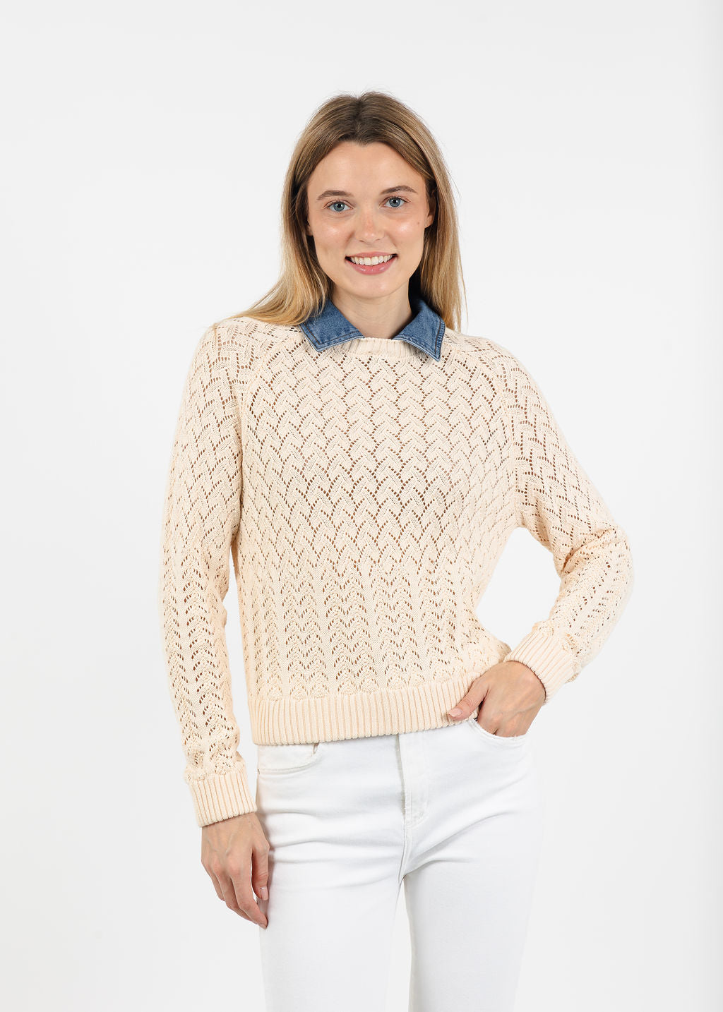 Central Park West Hazel Denim Collared Pointelle Sweater in Ivory available at Barbara Katz