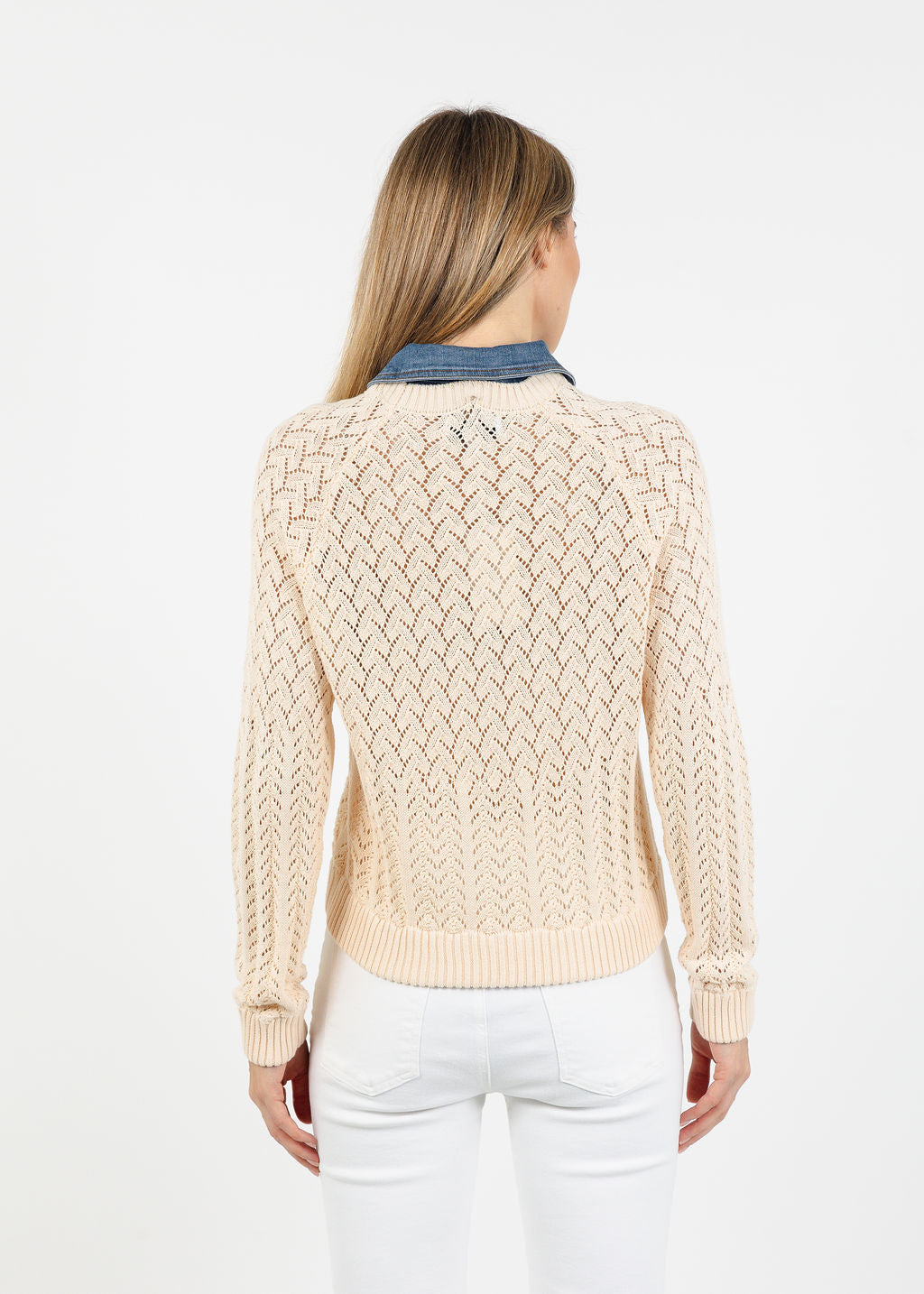 Central Park West Hazel Denim Collared Pointelle Sweater in Ivory available at Barbara Katz