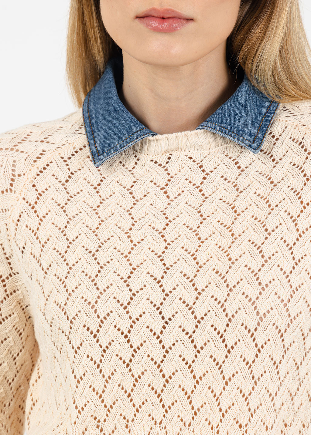 Central Park West Hazel Denim Collared Pointelle Sweater in Ivory available at Barbara Katz