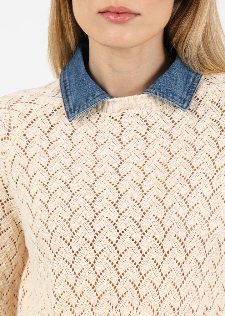 Central Park West Hazel Denim Collared Pointelle Sweater in Ivory available at Barbara Katz