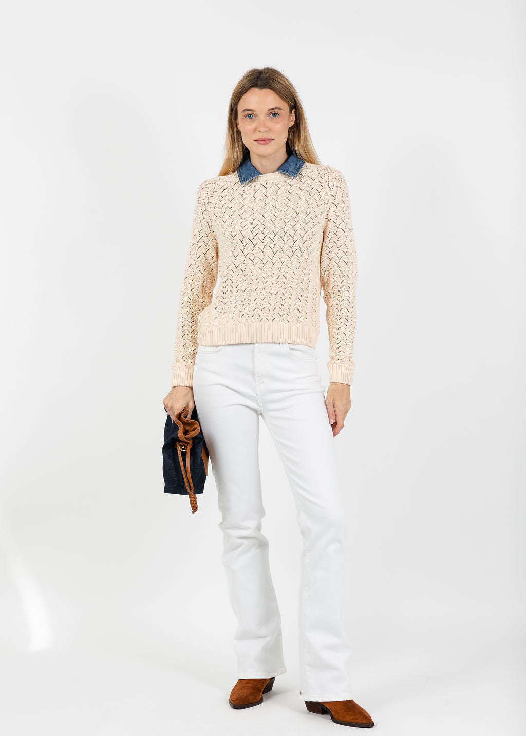 Central Park West Hazel Denim Collared Pointelle Sweater in Ivory available at Barbara Katz
