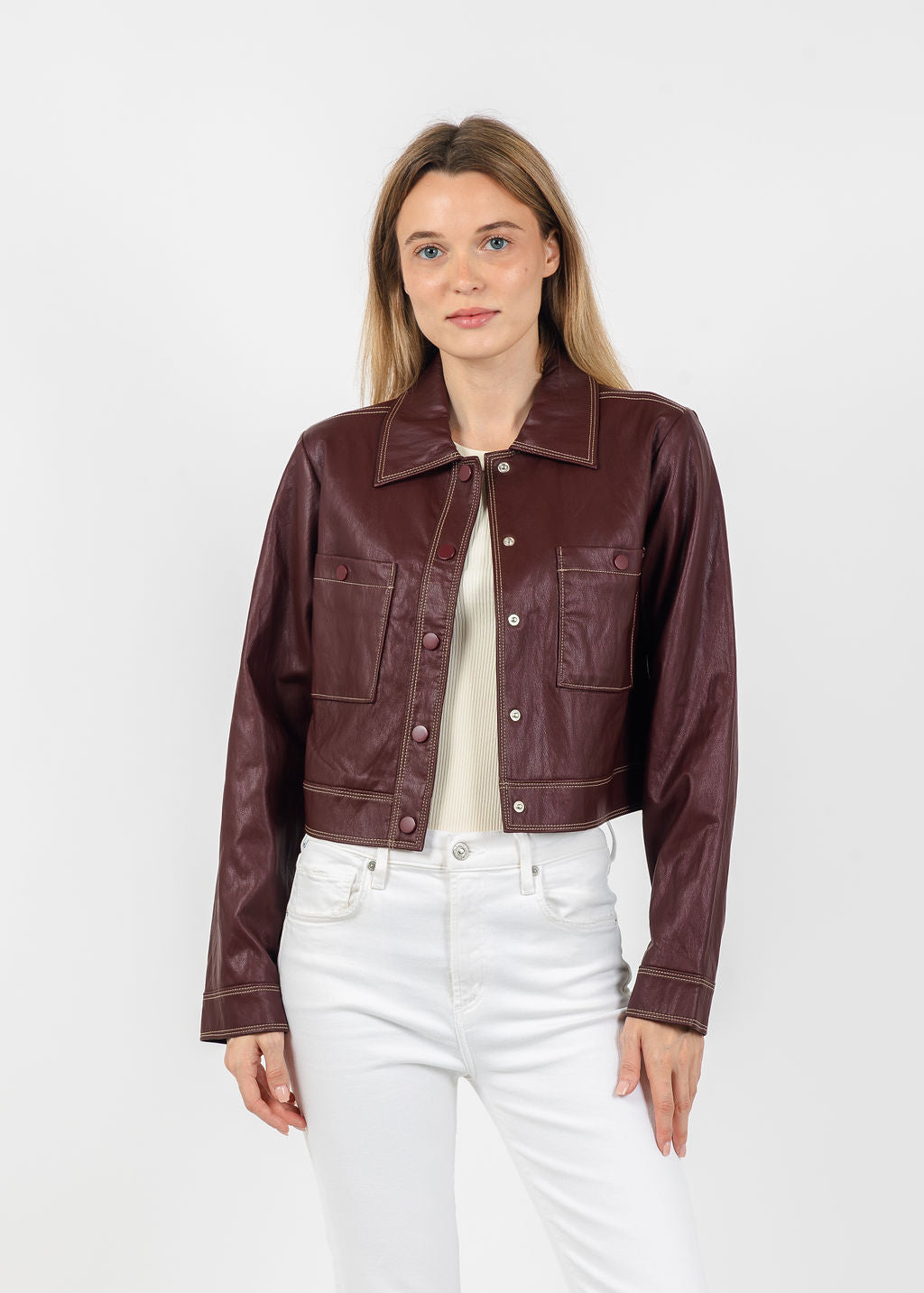 Central Park West Hazel Topstitch Jacket in Burgundy available at Barbara Katz