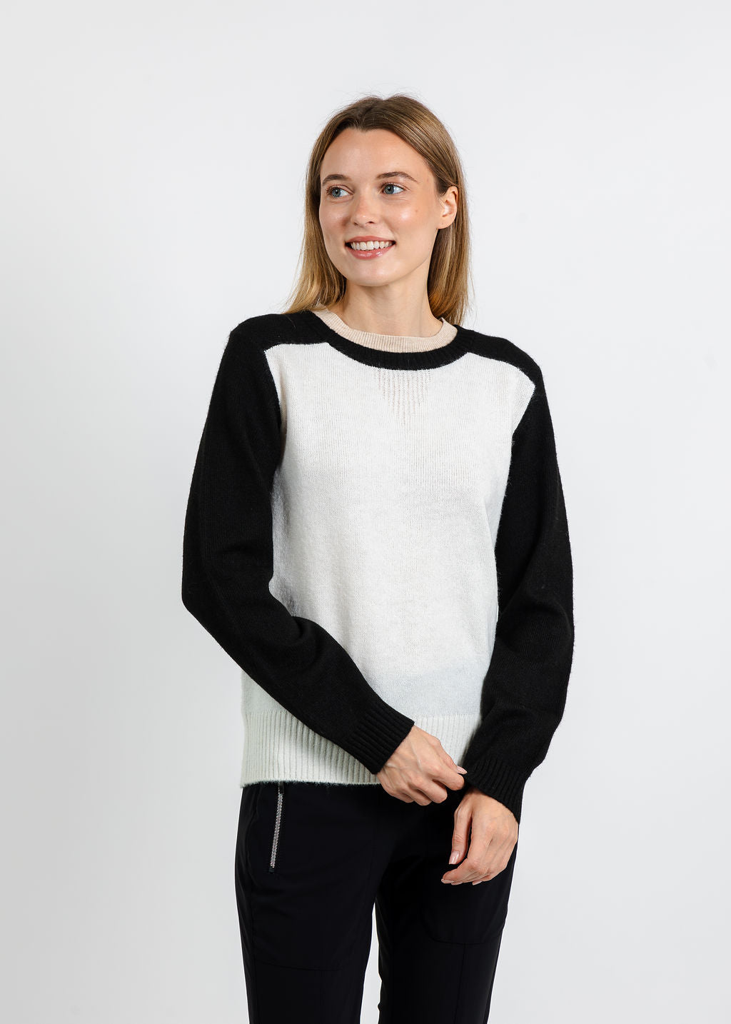 Central Park West Isla Colorblock Crew Sweater in Ivory Combo available at Barbara Katz