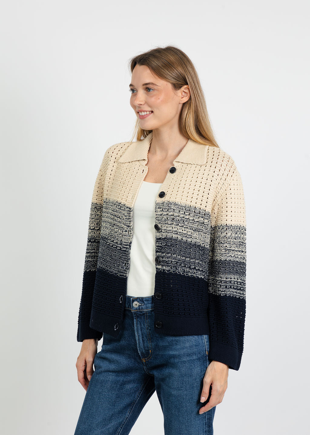 Central Park West Jacy Gradient Crochet Cardigan in Flax/Navy available at Barbara Katz