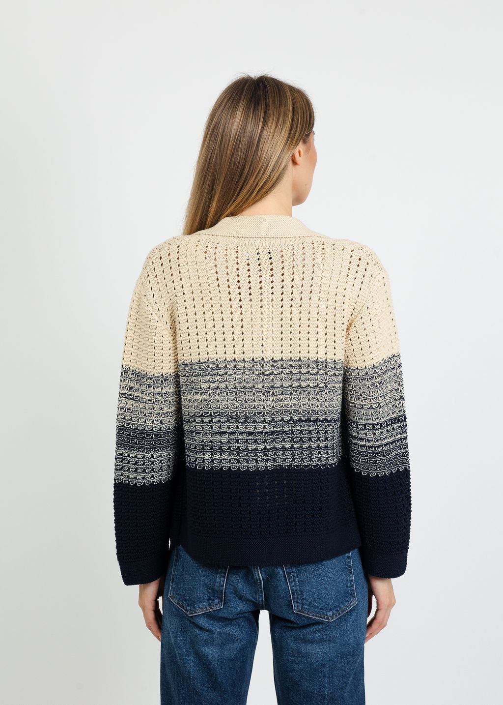 Central Park West Jacy Gradient Crochet Cardigan in Flax/Navy available at Barbara Katz